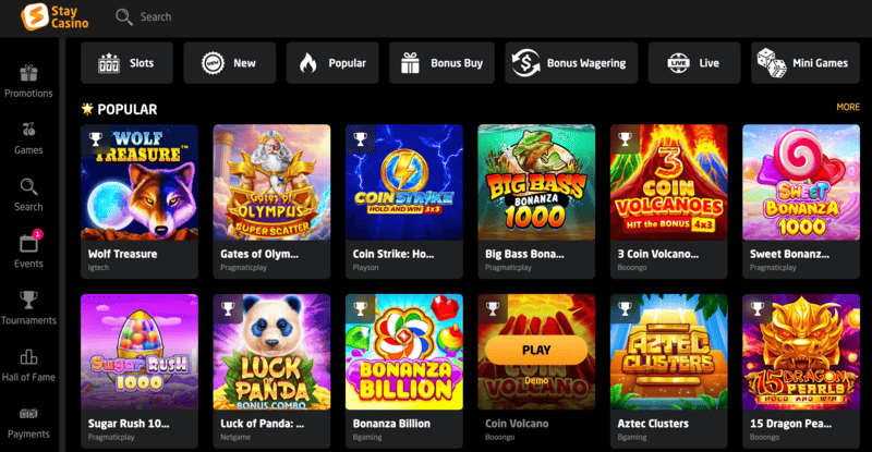 Game lobby&nbsp;at Stay Casino