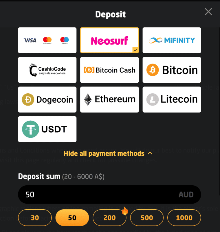 Deposit options in the Stay Casino account dashboard